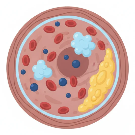 Artery cross-section showing red blood cells, plaque, HDL and LDL cholesterol