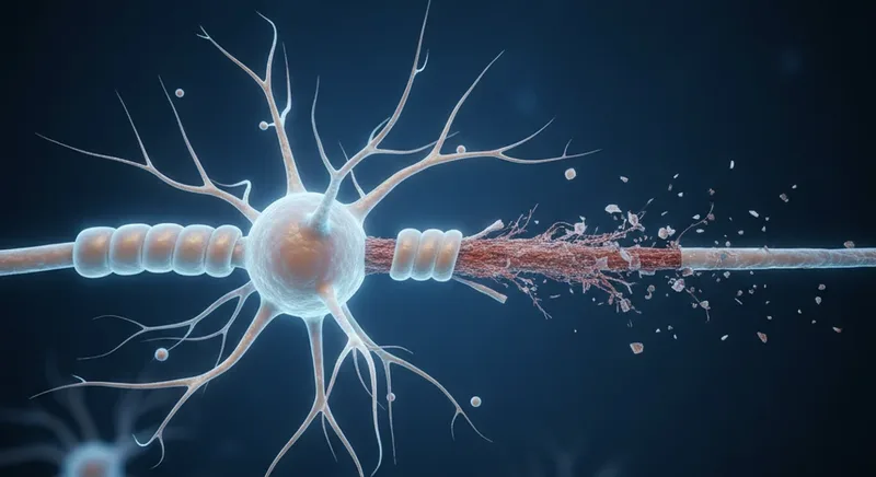 A neuron with healthy and damaged myelin sheath